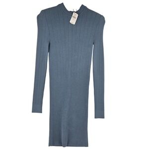 Balmain Dress Womens Small Blue Ribbed Knit Long Sleeve Silver Button Bodycon